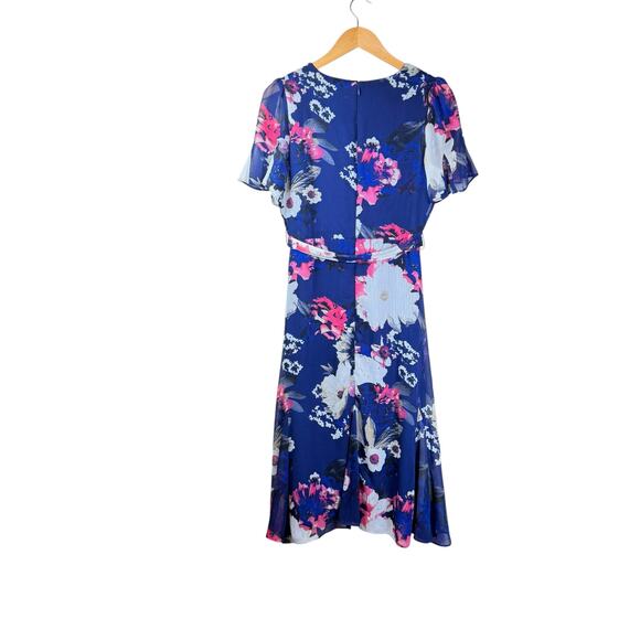Harper Rose Blue Pink Floral Fit & Flare Flowy Short Sleeve Chiffon Dress - Picture 9 of 12